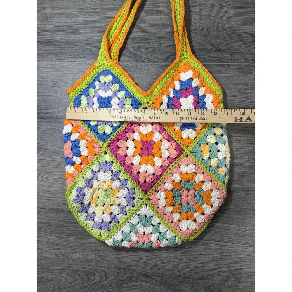 Handmade Crochet Granny Square Tote Bag Multicolor Boho Hippie Travel Bright